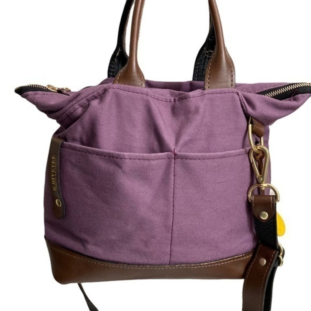 R. Riveter two way purple canvas  and brown leather tote bag